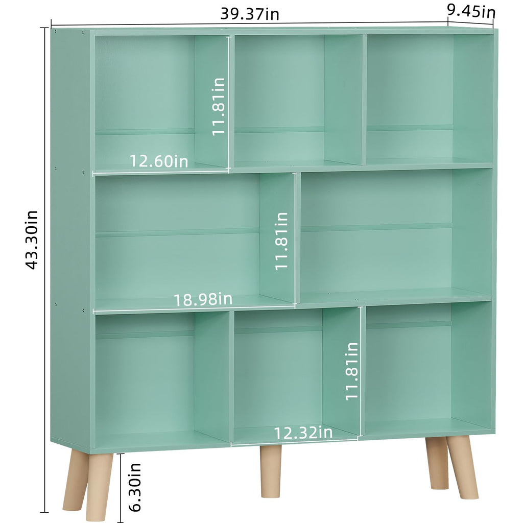 8 Cube Bookshelf, Mid-Century Modern Book Shelf with Legs, Green