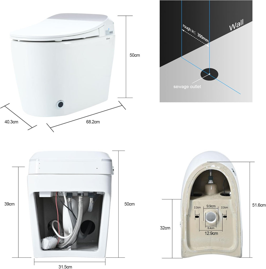 Heated Seat Smart Toilet, One Piece Toilet, Automatic Flush Tank Less Toilet without Bidet, with Foot sensor Flush