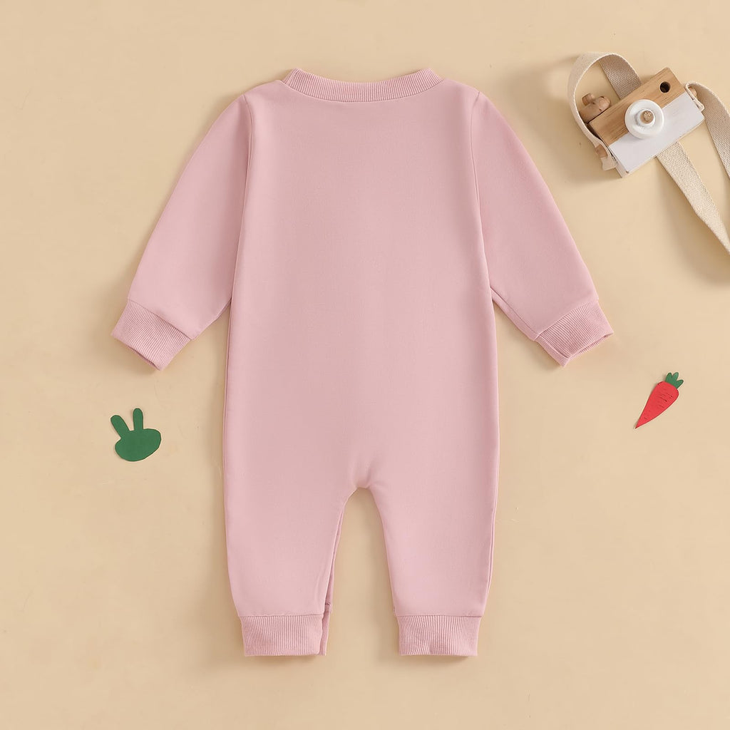 Easter Baby Boy Girl Outfit Embroidery Bunny Rompers Bunny Tail Jumpsuit Unisex Newborn Infant Easter Clothes (Pink