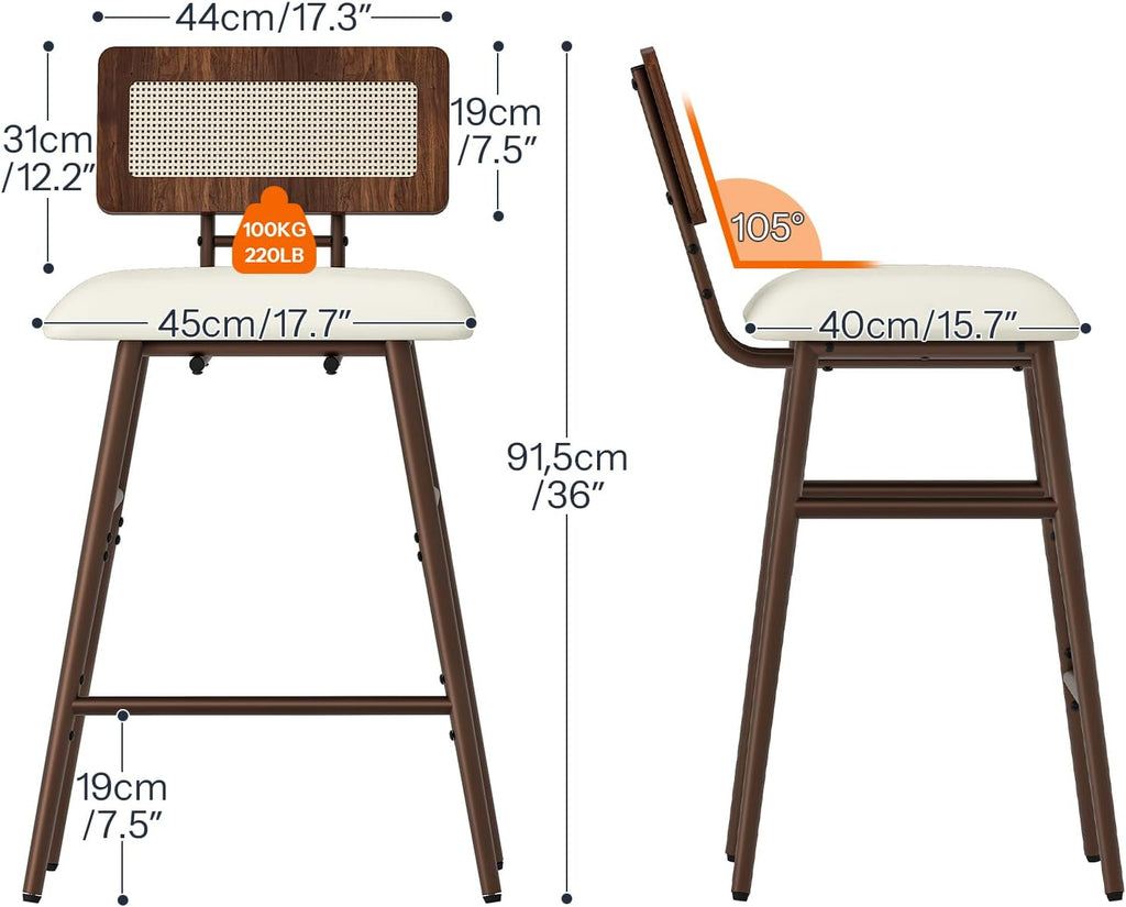 Bar Stools, Set of 2 Barstools, Bar Chairs with Footrests, Rattan Bar Stools, Bar Chairs with Backrests, and Offices