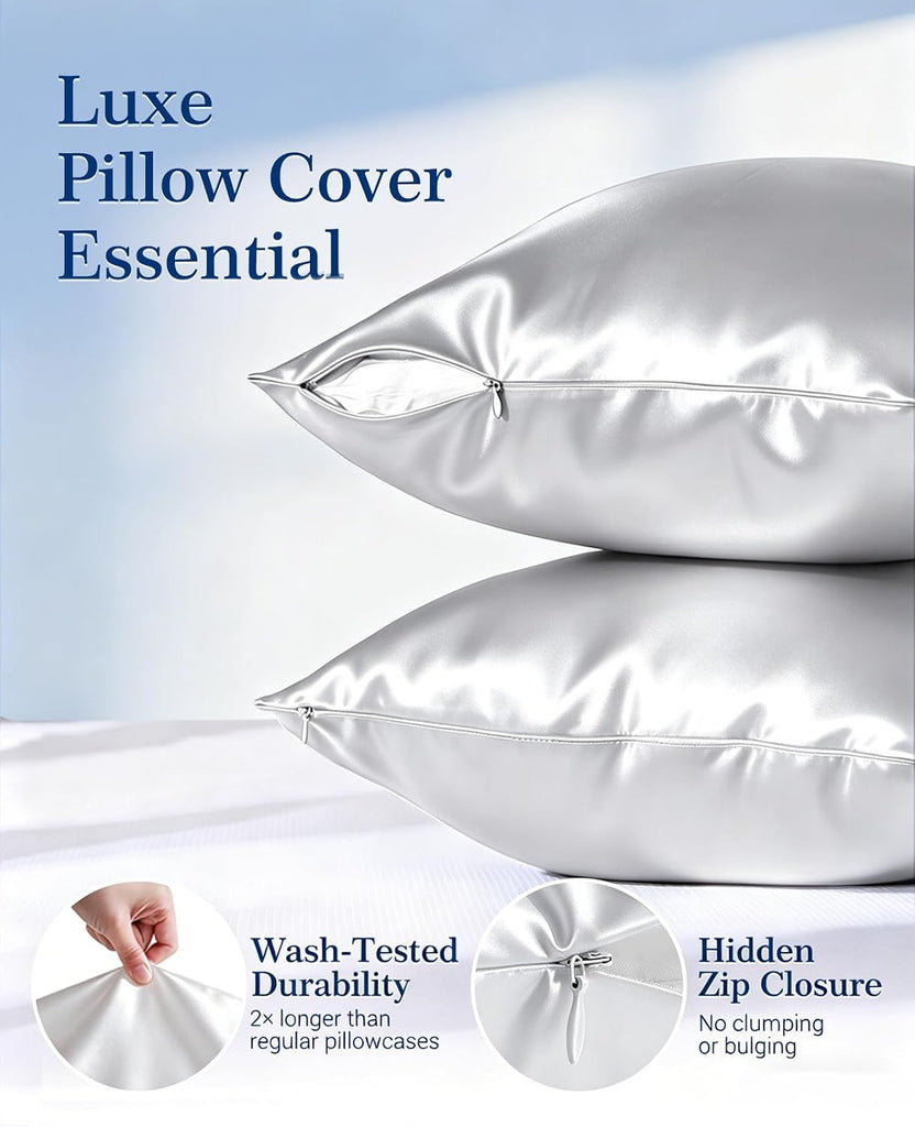 Cooling Satin Pillowcases for Hair & Skin with Zipper 20" x 30" and Cooling Blanket 90"x108" Gray Bundle