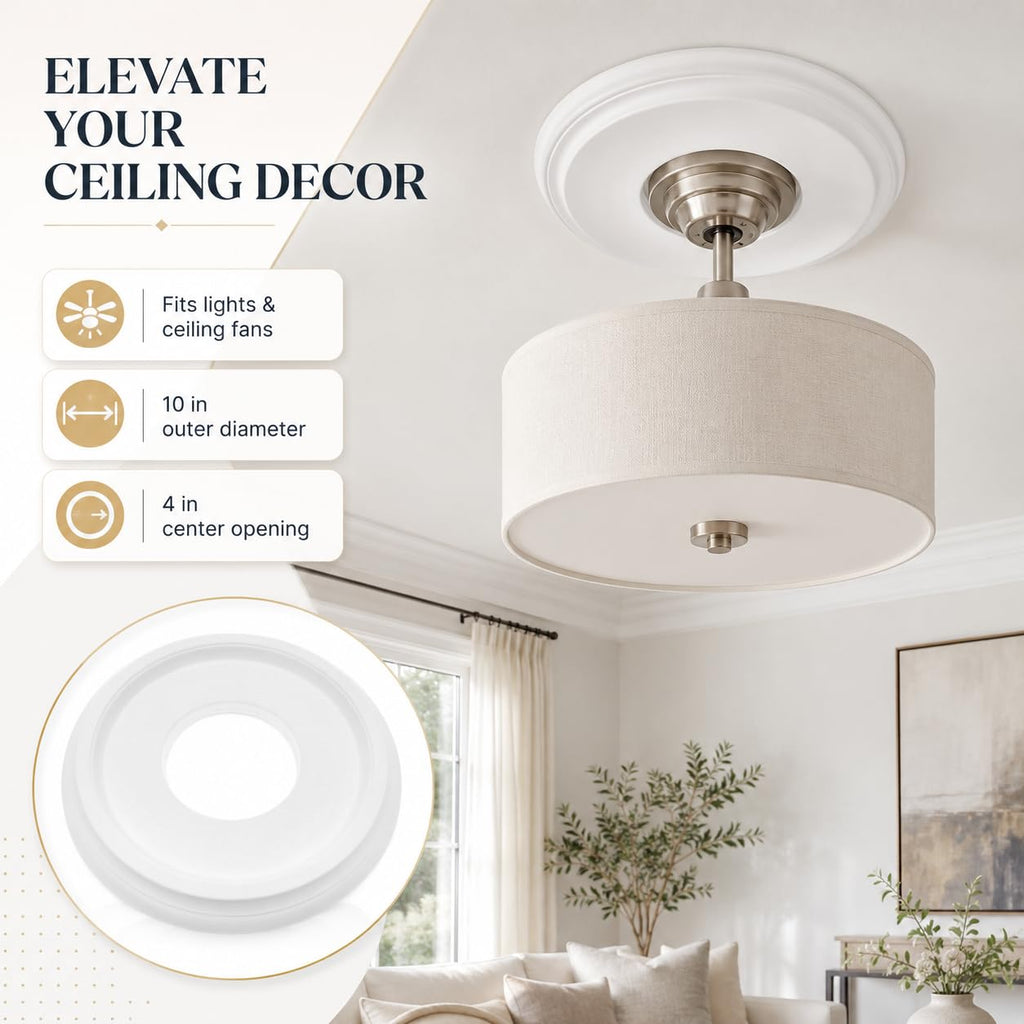 1 Pack Ceiling Medallion, 10 Inch Fan Trim Ring with 4 Inch Opening