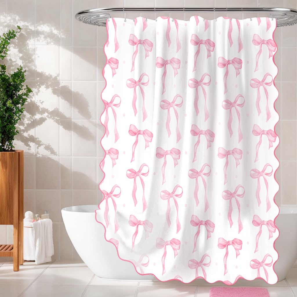 Girls Pink Bow with Scalloped for Preppy Bathroom Decor, Cute Ruffle Girly Shower Curtains, Coquettecute Chic Aesthetic