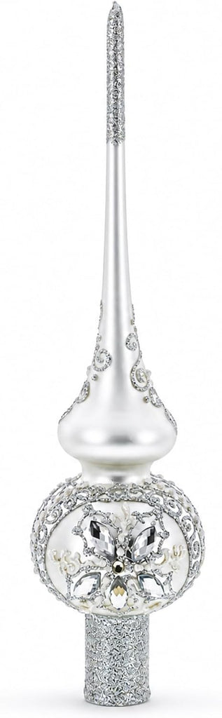 White Jewels Star on Glossy Silver Glass Christmas Tree Topper 11 Inches