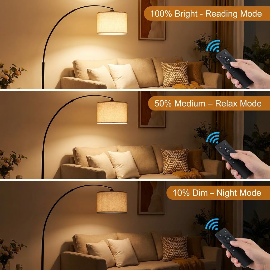 Arc Floor Lamps with Remote Control and Stepless Dimmable Color Temperature and Brightness Standing Lamp with