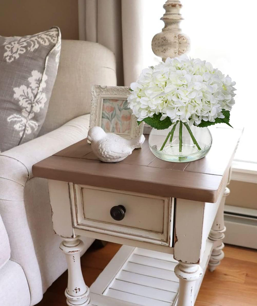Hydrangea Artificial Flowers with Vase White Silk Fake Flowers Arrangements in Glass Vase with Faux Water Bathroom