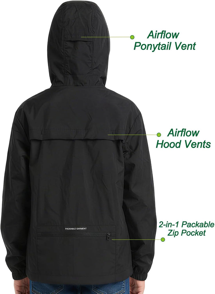 Kids Lightweight Rain Jacket, Packable Rain Windbreaker Boys Girls
