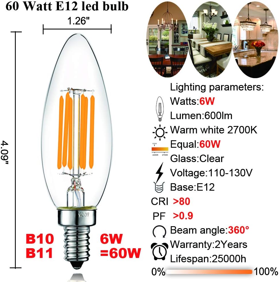 B10 Light Bulb,E12 Candelabra Bulb 60 watt,Dimmable,2700K Clear