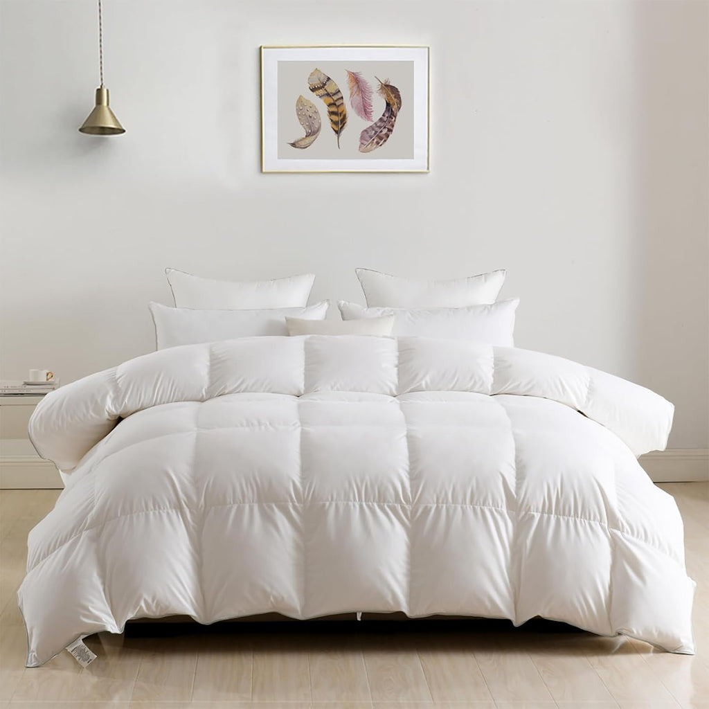 Luxury Oversized Queen Down Feather Fibers Comforter, Soft Cotton Blend Cover, High Fill Power Mediu