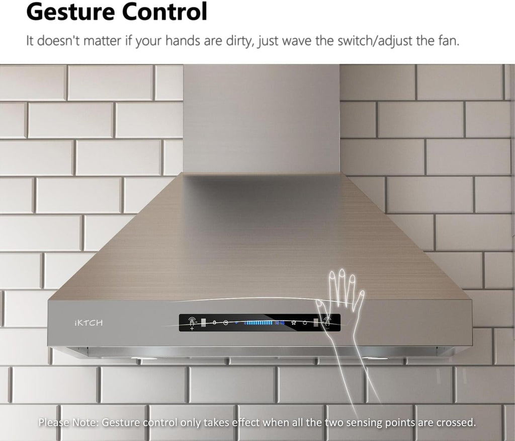 36 Inch Stainless Steel Wall Mount Range Hood 900 CFM Gesture & Touch Control Convertible Ducted/Ductless