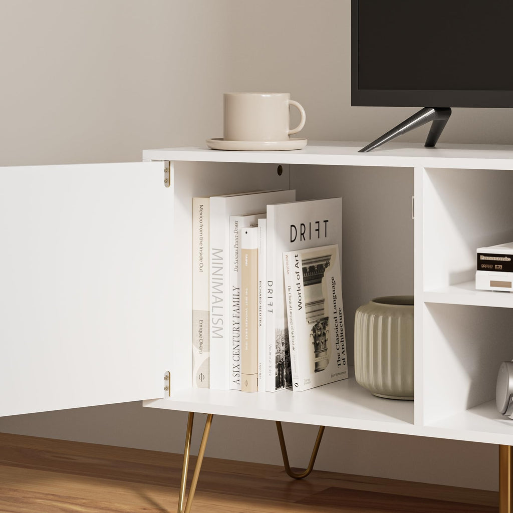TV Stand for 55-65 Inch TV, Entertainment Center with Soft Hinge Door, TV Console Table with 2 Cabinets with Gold