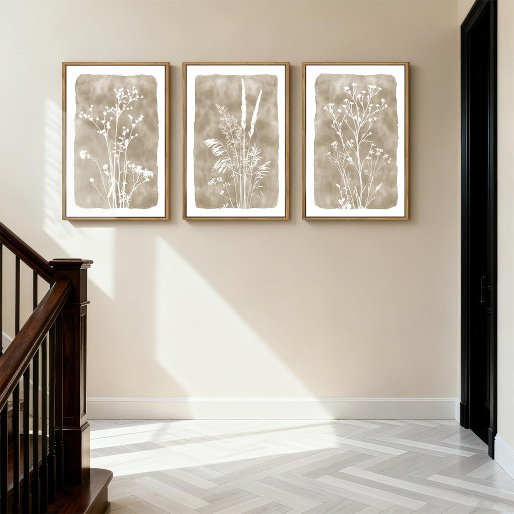 Beige Neutral Floral Canvas Wall Art 16x24 Inch Framed Brown Botanital Wall Decor Large Rustic Farmhouse Wildflower