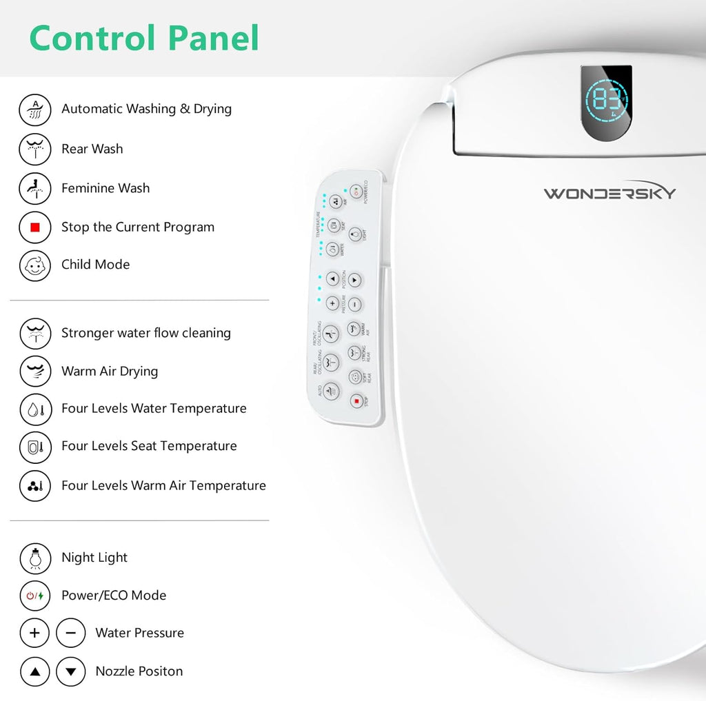 Elongated Bidet Toilet Seat with Warm Water, Warm Air Dryer, Heated Seat, Soft-Close Lid, Adjustable Temperature, Stainless Steel Nozzle