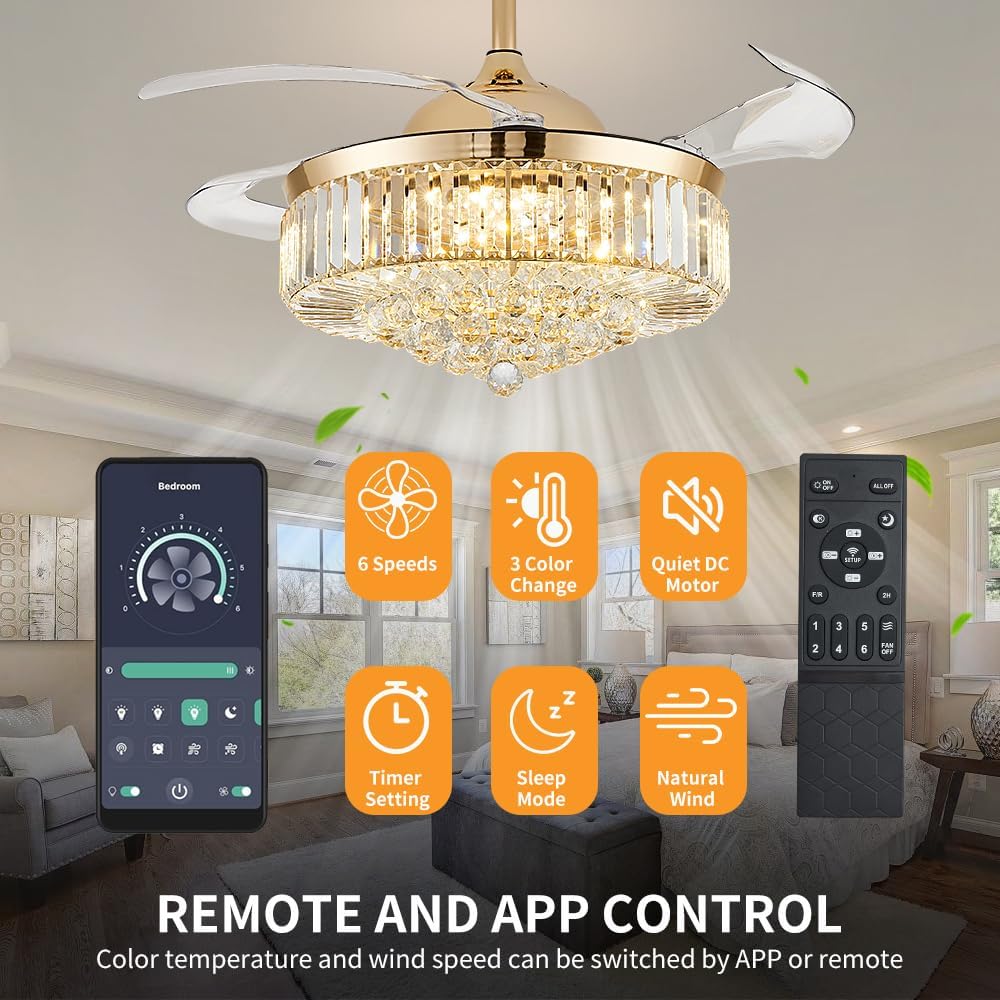 42'' Fandelier Ceiling Fans with Light, Chandelier Ceiling Fan, Retractable Crystal Ceiling Fan , 3 Color Change
