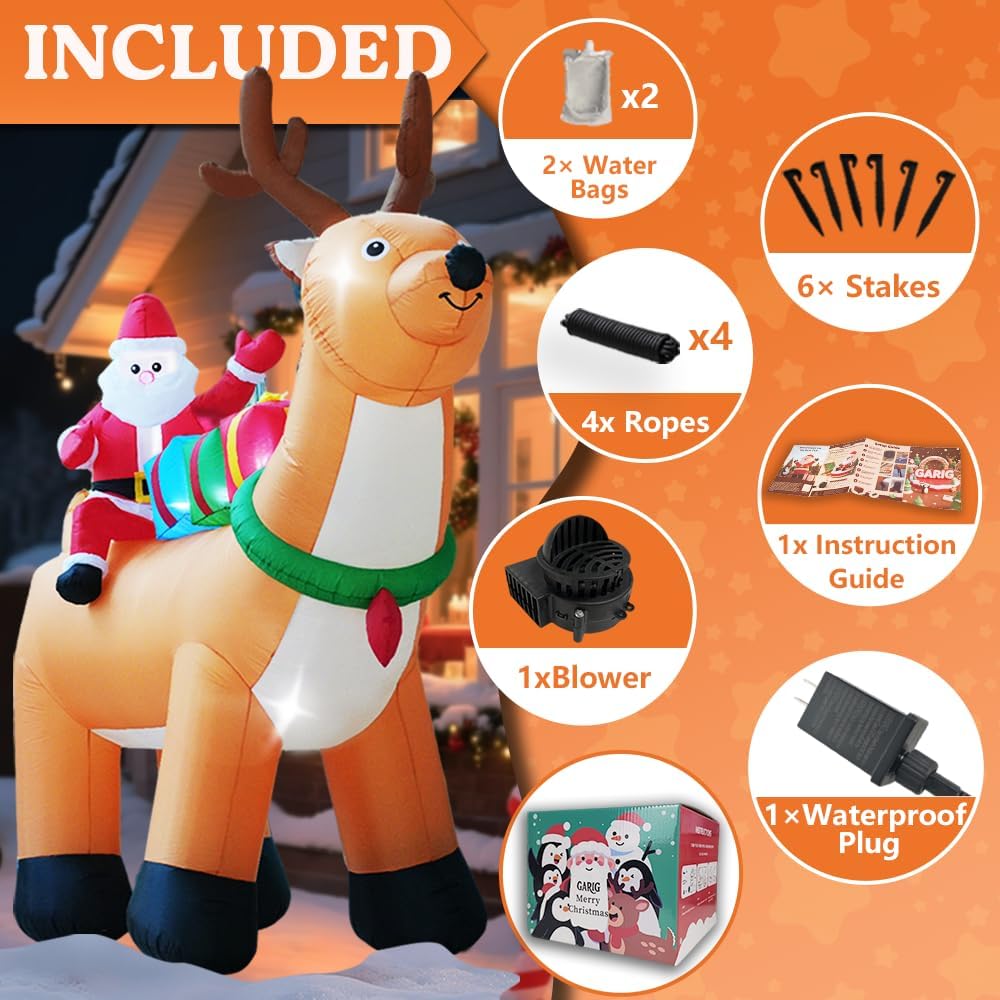 10FT Christmas Inflatables Reindeer and Santa Claus Outdoor Decorations, Christmas Blow Up Yard Decorations with