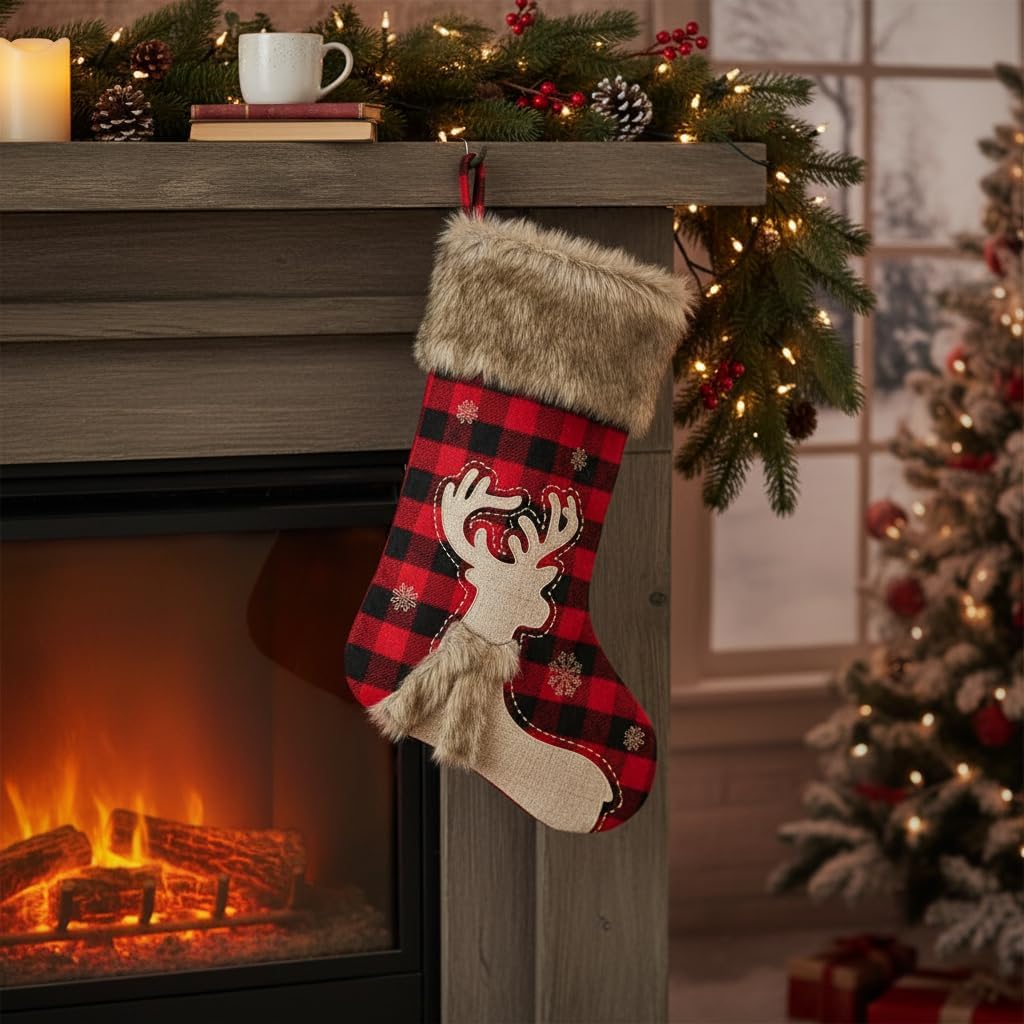 20" Black and Red Plaid Reindeer Christmas Stocking, Rustic Antique Vintage Figurine Style Home Decor, Faux Fur Scarf