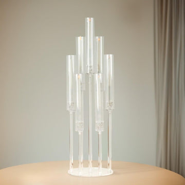 Clear 33 in Round 7 Arm Acrylic Cluster Taper Candle Holder Candelabra - Wedding Reception Party Dining Table Home