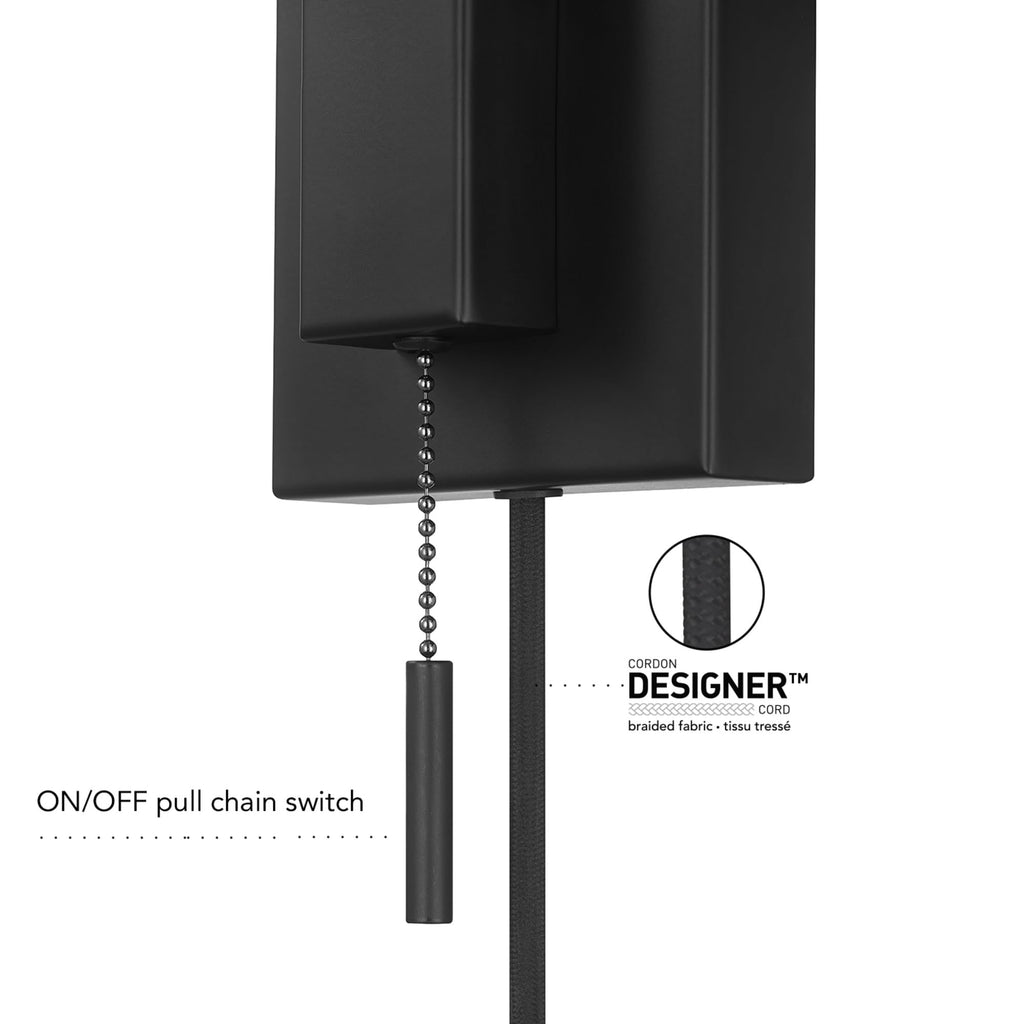 Matte Black Swing Arm Plug-in or Hardwire Wall Sconce with White Fabric Shade
