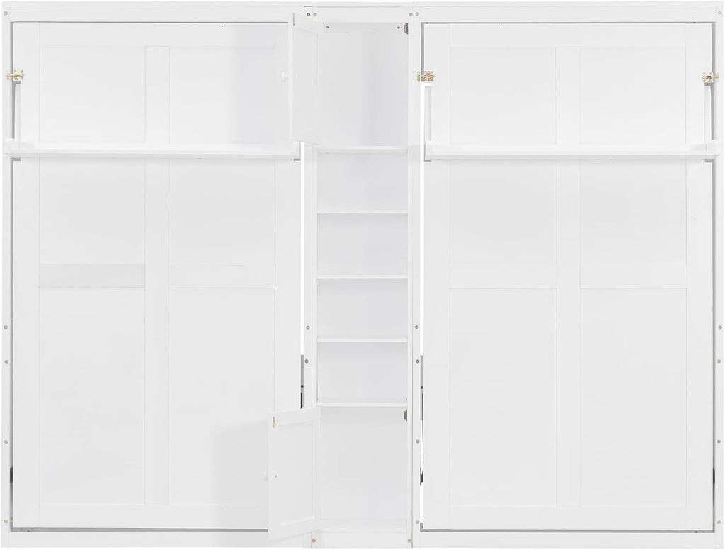 Dual Twin Murphy Bed, Wooden Wall Bed with Cabinets and Shelves, White