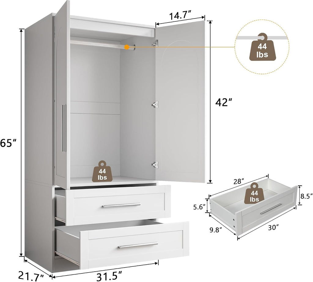 Armoire Wardrobe Closet with 2 Drawers, Modern Wooden Bedroom Armoire with Doors, Clothing Storage Cabinet with