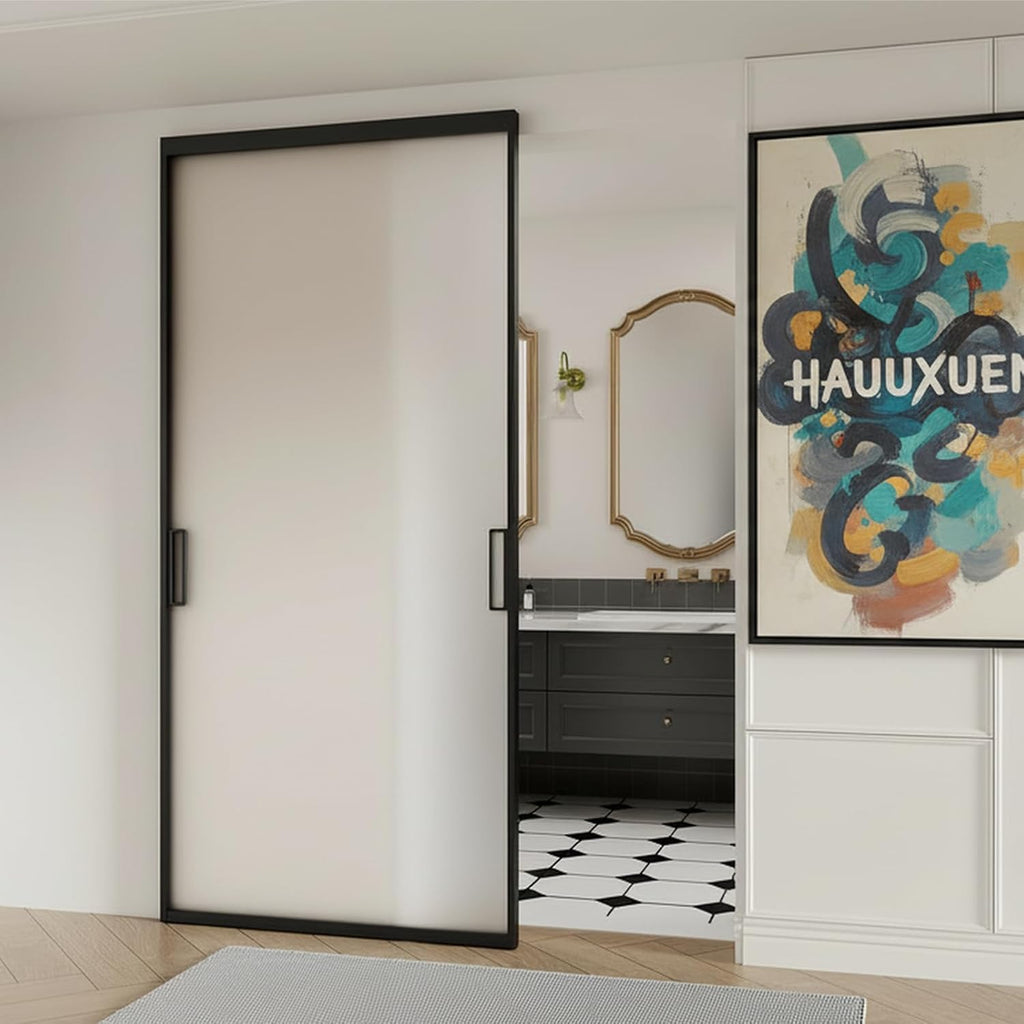 Concealed Track Sliding Glass Barn Door - 40" x 87" Frosted 5/16" Tempered Glass, Soft-Close Hydraul