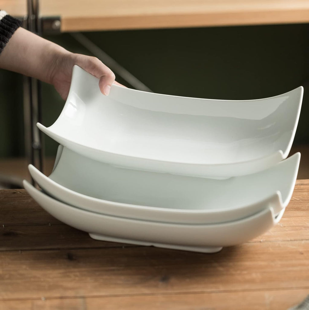 12 Inch White Porcelain Serving Platter Dishes Set of 3 Deep Bowl | Large capacity, heat resistant, curved anti-spill