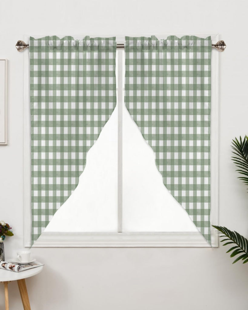 Sage Green Buffalo Plaid Swag Valances for Windows, Rustic Kitchen Window Curtains Over Sink, Green White Checkered