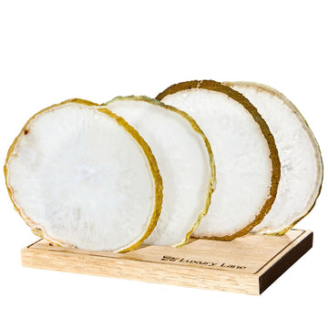 Set of 4 Large Natural Brazilian Agate Slice Geode Rock Stone Drink Coasters with Wood Holder 4.3-4.7 inch