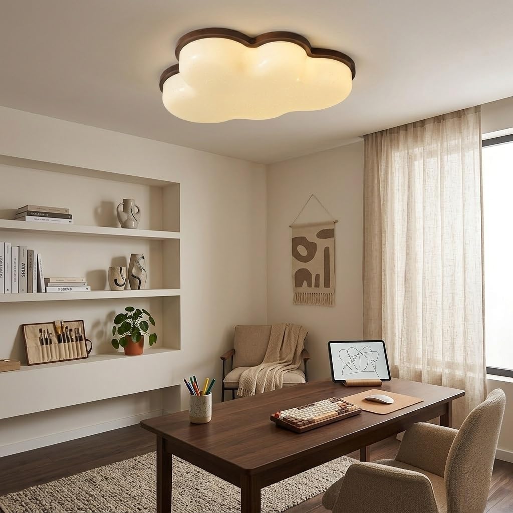 Modern Cloud LED Ceiling Light, Wood Flush Mount Ceiling Lamp with Acrylic Shade, Warm White Neutral Cool White