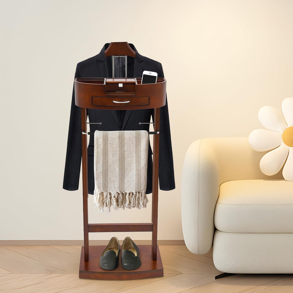 Wood Valet Stand With Wood Base, Freestanding Wooden Clothes Valet Stand Organizer with Hanger, Pant Rod, Drawer