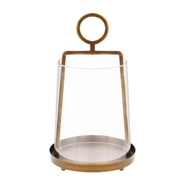 9" Wide Modern Farmhouse Metal Hurricane Candle Holder with Handmade Sturdy Glass Sleeve in Vintage Brass for Pillar