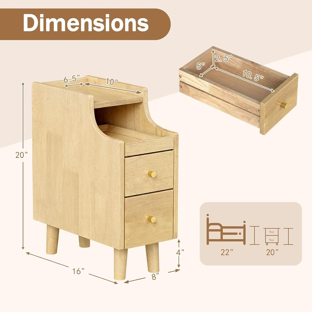 Narrow Solid Wood Nightstand with 2 Drawers & Pull-Out Tray, Natural