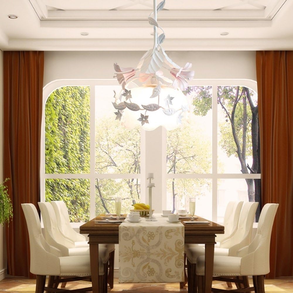 White Wrought Iron Floral Pendant Chandelier with Pink Lily Flowers & Frosted Glass Shade, 8.7" W