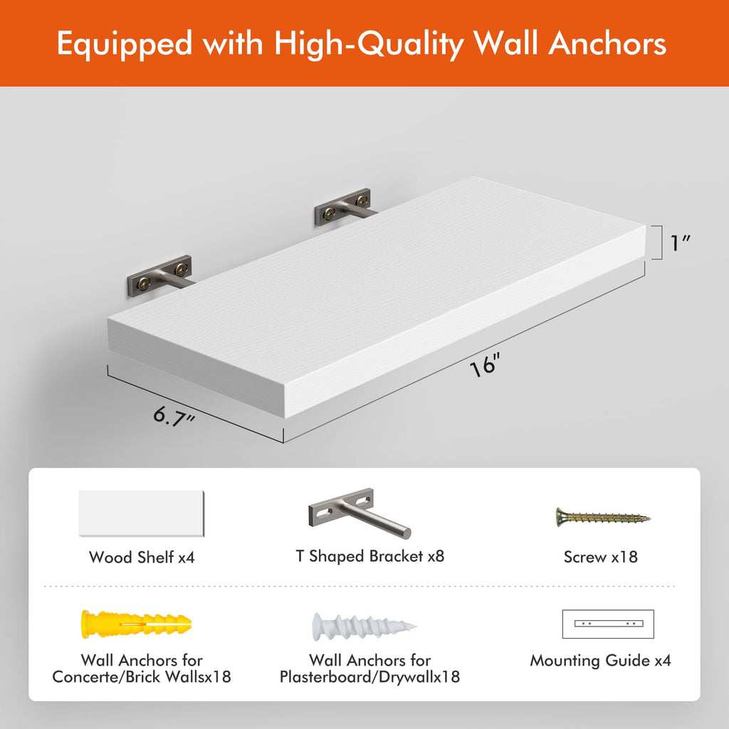 16''White Floating Shelves for Wall Set of 4, Rustic Wood Shelf for Room Decor/Storage/Display, Small Bookshelf, Wall