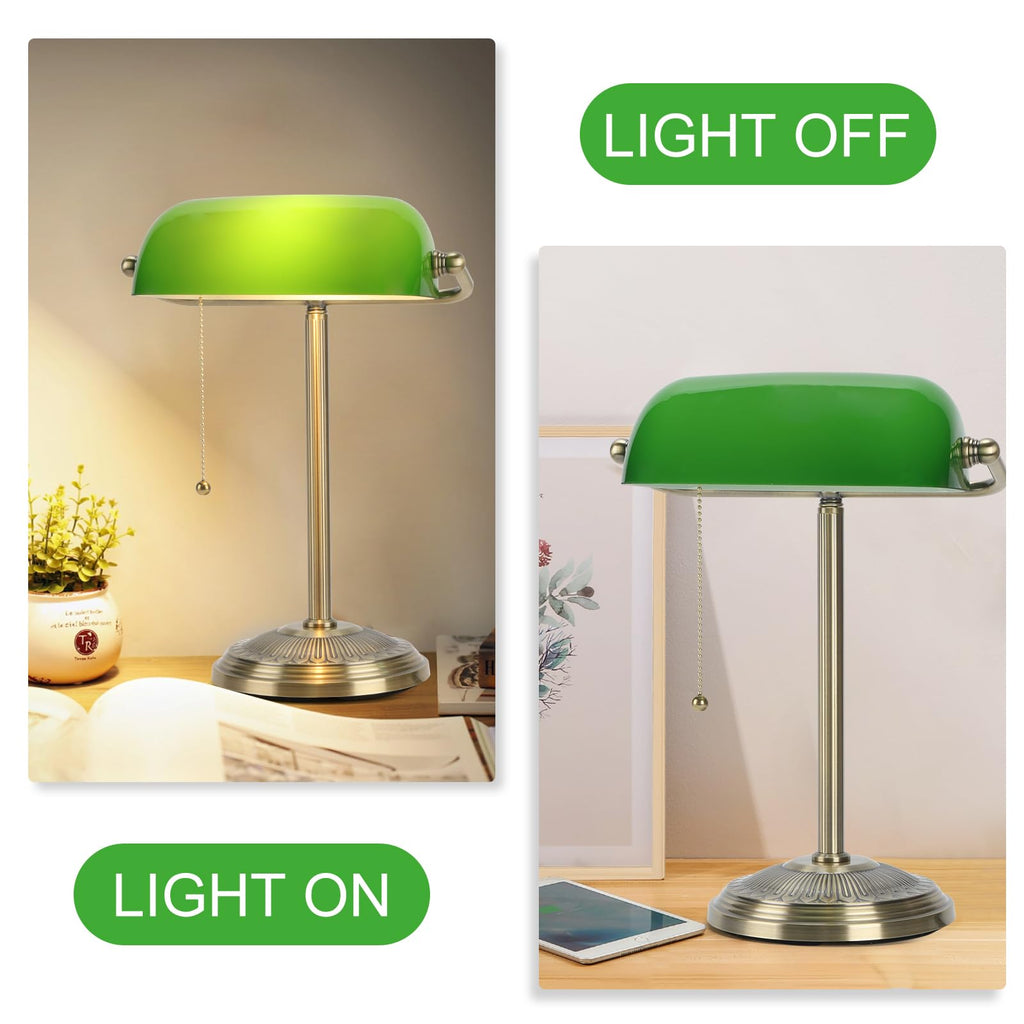 Bankers Lamp, Brass Finish with Pull Switch, Green Glass Shade