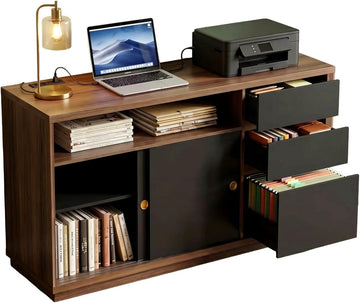 60" Lateral File Cabinet with 3 Dawers, Open Shelves | File Cabinets for A4 / Letter Documents, Wide Credenza w/