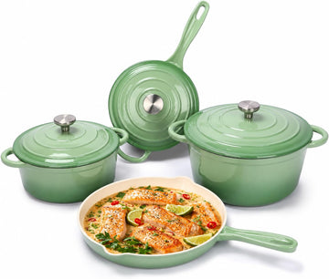 Enameled Cast Iron Cookware Set, 7 Piece Dutch Ovens Set, Green