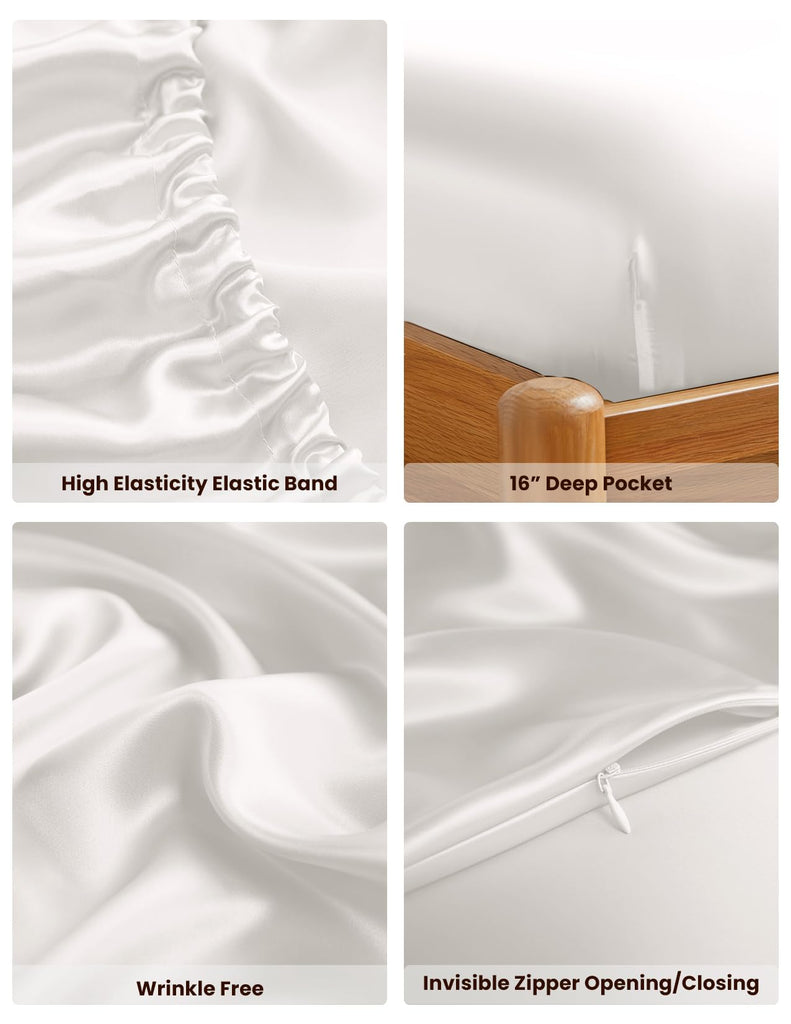 100% Mulberry Silk Bed Sheet Set - 3pcs Pure Silk Sheet Set - 16" Deep Pocket Fitted Sheet, 2 Pack Silk Pillowcase