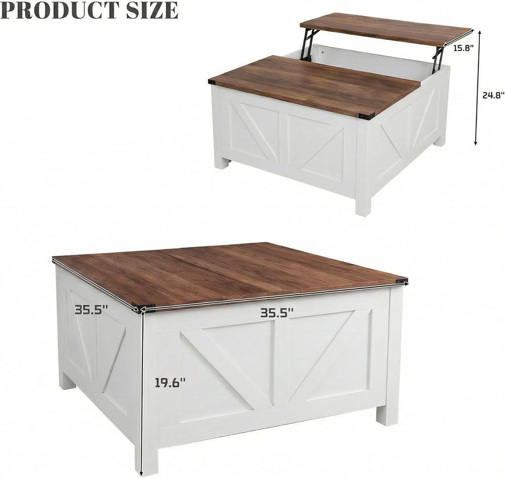35” Farmhouse Coffee Table with Large Storage, Rustic Wood Lift Top Coffee Table