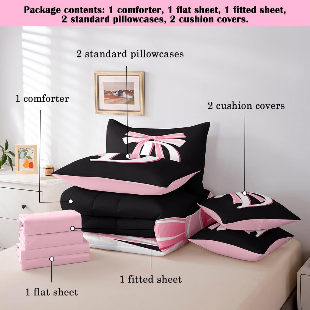 Jejeloiu Kids Girls Black Pink Bow Comforter Set with Sheets Queen Monogrammed 7 Piece Bedding Set Personalized
