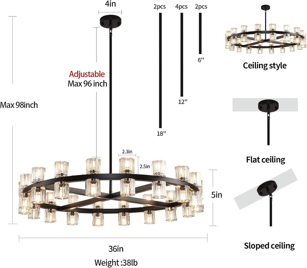 Arcachon K9 Crystal 36-Light Chandelier, 36" Black Round Chandeliers for Dining Room,Modern Farmhouse Wagon Wheel Chandeliers for Living Room, Chandelier for Bedroom,Includes G4 Bulbs A117-B0DP29JK2C