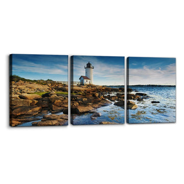 3 Pieces Cityscape Canvas Wall Art - Annisquam Lighthouse Pictures Print on Canvas Massachusetts Landscape Modern