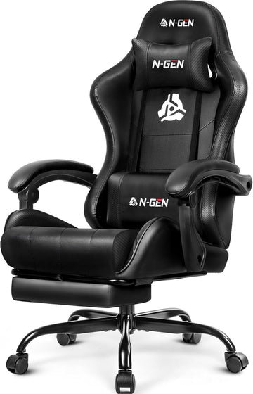 Gaming Chair with Footrest, Lumbar Support, High-Back, Black | Reclining Backrest, Linkage Armrests, Durable PU