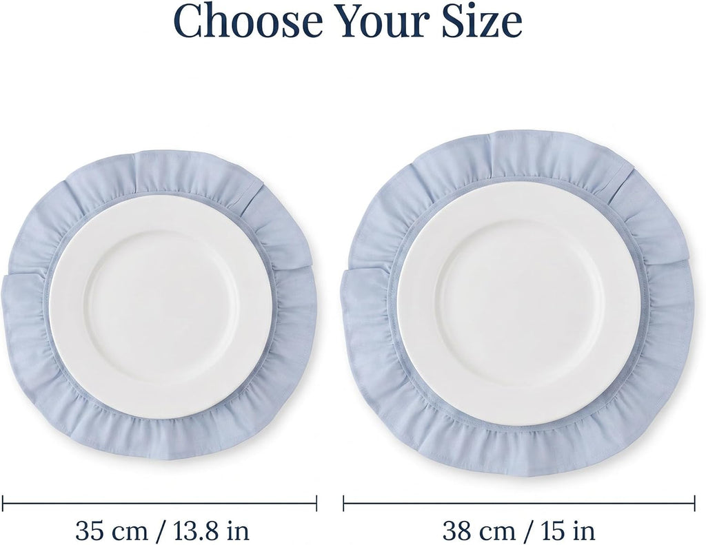 Round Ruffled Linen Blend Placemats, 15 Inch Scalloped Table Mats - Set of 4