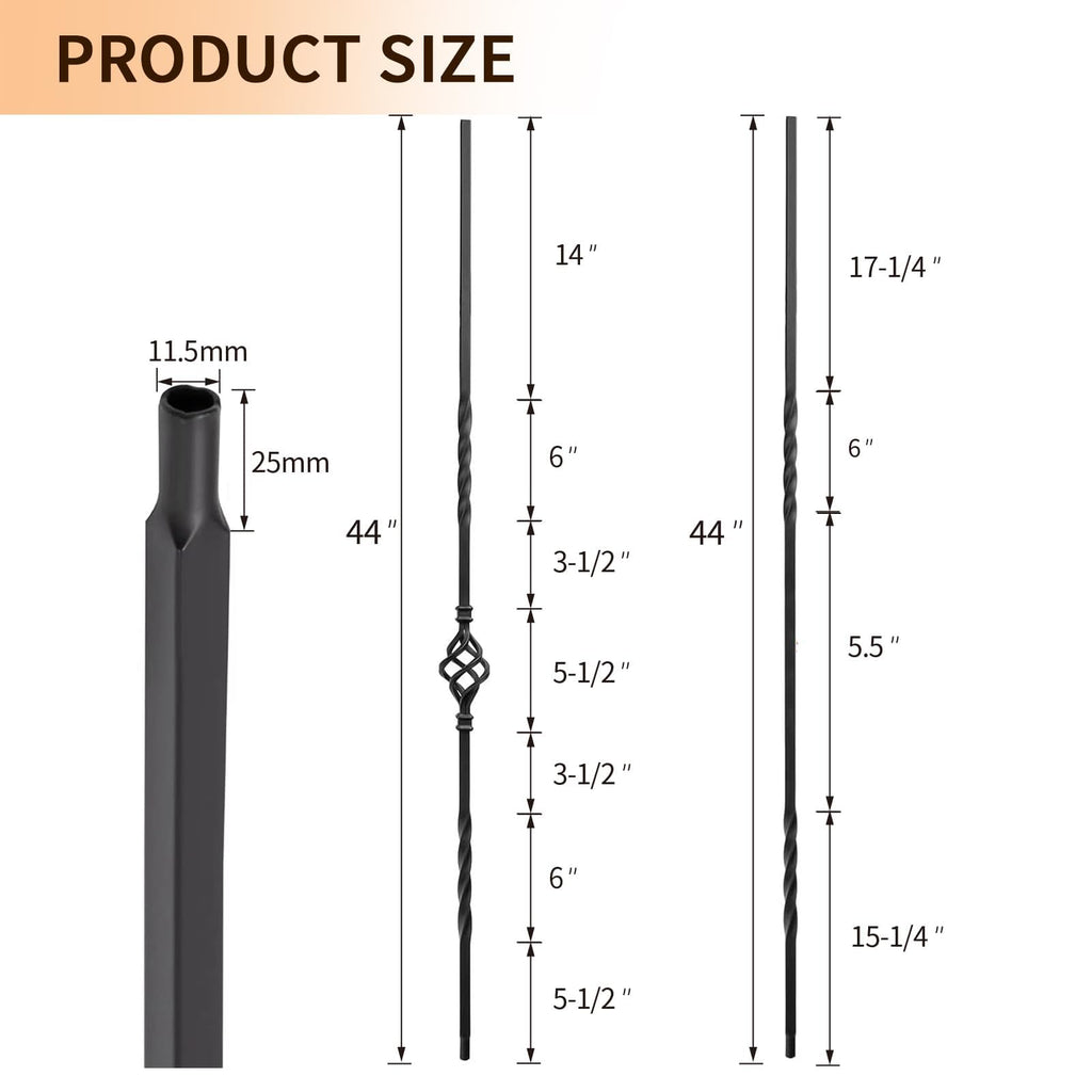 16 Pack Iron Balusters W/ 32 Pack Baluster Shoes, 1/2" x 44" Baluster