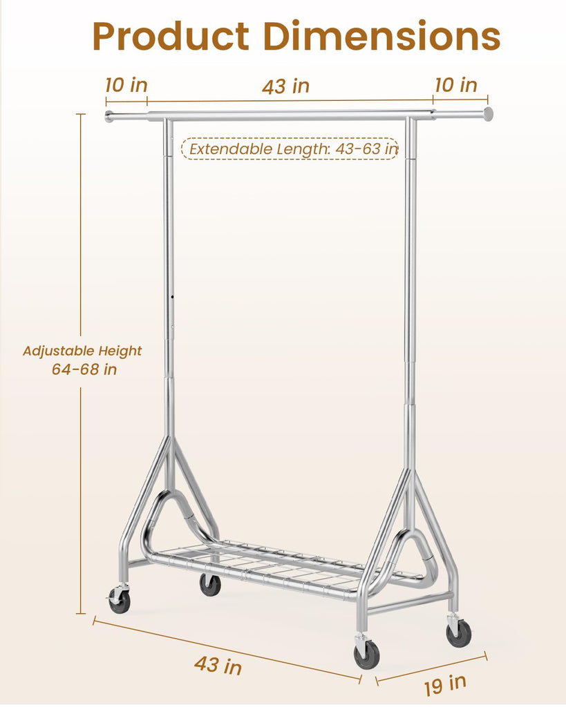 Heavy Duty Clothes Rack for Hanging Clothes with Wheels, Silver