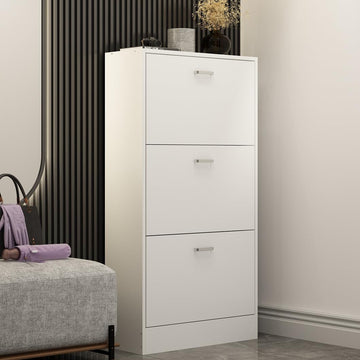 Shoe Storage Cabinet with 3 Flip Drawers, Modern White