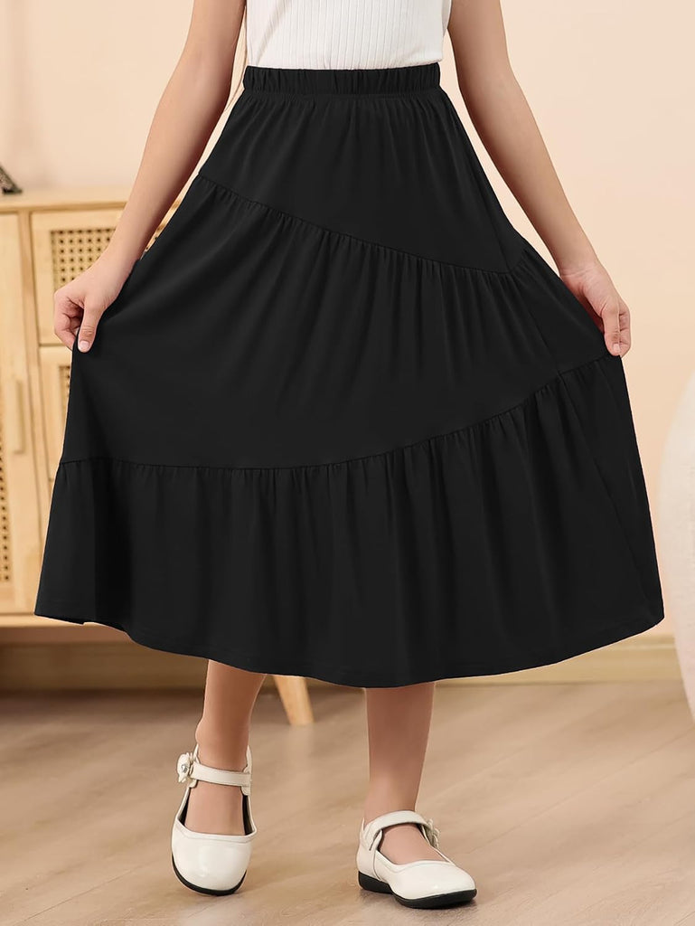 Girls Boho Asymmetrical Tiered Ruffle Midi Skirt