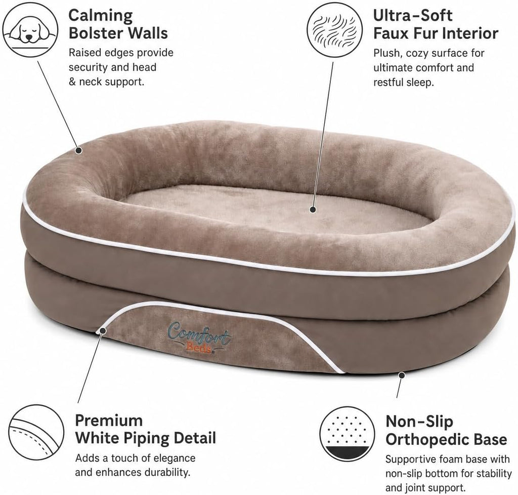 Beds Orthopedic Dog Bed for Large Dogs, Plush Faux Fur, Calming Bolster Sides, Non-Slip Base, Taupe and Beige