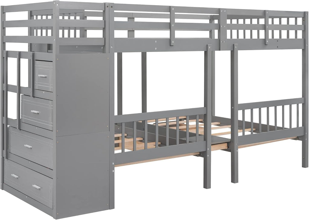 L Shaped Bunk Bed Full Over Twin Over Twin for 3, Triple Bunk Beds Frame with Storage Drawers and Staircase